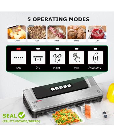 Bonsenkitchen Food Sealer Machine - 5-in-1 Vacuum Sealer for Sous Vide & Food Storage - Includes 5 Bags & 1 Suction Hose - Silver - Buy Online on GoSupps.com