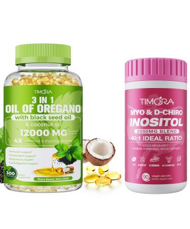 TIMORA Women's Wellness & Immune Support Duo Pack: 40:1 Myo & D-Chiro Inositol with KSM-66 Ashwagandha & CoQ10 (90 Capsules) + Triple Action Oregano Oil with Black Seed & Coconut Oil (300 Softgels) |
