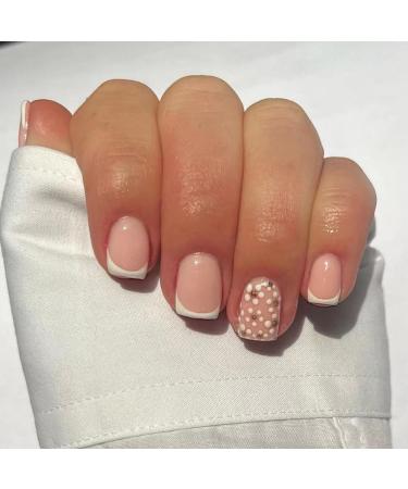 French False Nails Short 24Pcs Square Press on Nails White French Fake Nails with Daisy Removable Glue-on Nails Acrylic Full Cover Stick on Nails Women Girls Nail Art Accessories Nude French Daisy