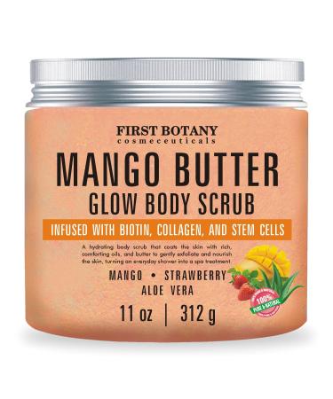 Mango Butter Body Scrub Exfoliator Biotin, Collagen, Stem Cells - Natural Exfoliating Salt Scrub & Body & Face Souffle, hair scrub helps with Moisturizing Skin, Acne, Cellulite, Dead Skin Scars, Wrinkles- 11 oz
