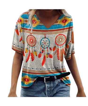 Women's Western Tribal Ethnic Print T-Shirt Casual V Neck Short Sleeve Tops Dream Catcher Feather Summer Shirts Yellow X-Large