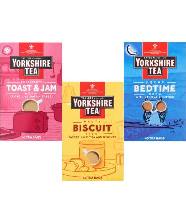 Taylors Tea Brew Selection | Breakfasty Toast & Jam Malty Biscuit Decaf Bedtime | Set of 3 | 40 Tea bags Each | Total 120 Tea bags - Buy Online on GoSupps.com
