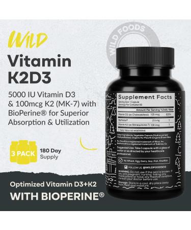 Wild Foods 5000iu Vitamin D3 + K2 | (100mcg Mk7) with Black Pepper Extract, Plant-Based, Non-GMO, Soy & Gluten-Free | Dietary Supplement | Made in USA | 60 Capsules 60 Count (Pack of 1) - Buy Online on GoSupps.com