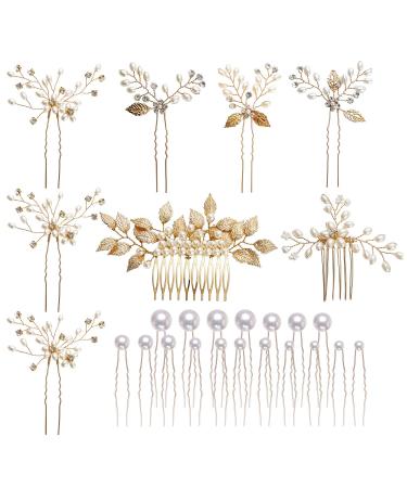 inSowni 26 Pack Gold Wedding Bridal Hair Side Combs+U Shaped Hair Pins Clips Barrettes Leaf Flower Rhinestone Pearl Hair Pieces Updo Accessories Jewelry Headpieces for Women Girls Brides Bridesmaids