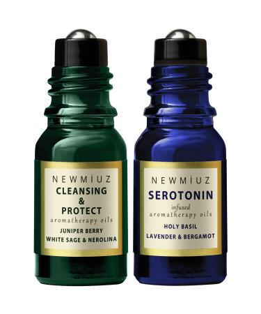 Cleansing and Protect Juniper Berry White Sage with Nerolina & Anti Stress Holy Basil Lavender and Bergamot Essential Oil Roller Blends Pack of 2