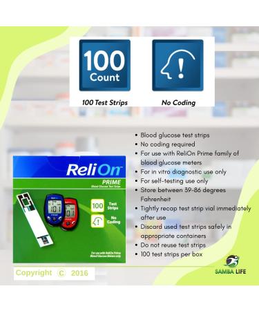 ReliOn Prime Blood Glucose Test Strips 100 Ct Bundle + SAMBA LIFE eBook - 7 Steps to Thrive with Diabetes - Buy Online on GoSupps.com