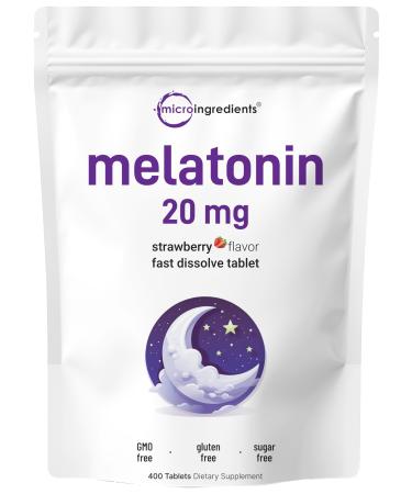 Micro Ingredients Melatonin 20mg 400 Tablets | Natural Strawberry Flavor | Fast Dissolve | No Drug | Vegetarian Friendly | Non-GMO No Gluten Sugar Free