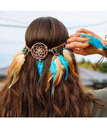 Campsis Indian Peacock Feather Headbands Boho Princess Head Chain Bule Adjust Headdress Handmade Rope Hair Accessories for Women and Girls (D)