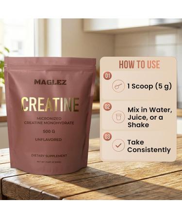 MAGLEZ Micronized Creatine Monohydrate Powder 500g (100 Servings) Unflavored 5g Scoop Vegan Non-GMO Gluten-Free GMP Certified Third-Party Lab Tested (Eurofins) Creatine for Women & Men - Buy Online on GoSupps.com
