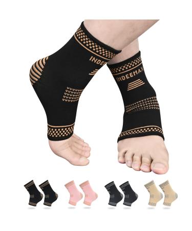 Copper Ankle Brace Pack of 2, Copper Infused Compression Ankle Sleeve Support for Women and Men Plantar Fasciitis, Sprained Ankle, Achilles Tendon, Pain Relief, Recovery, Running, Exercise Medium Golden Black