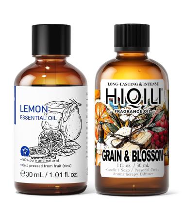 HIQILI 30ML Lemon Essential Oil and 30ML Grain & Blossom Fragrance Oil for DIY Diffuser