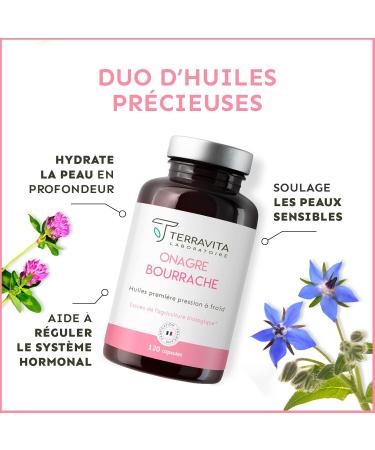 EVENING PRIMROSE and BORAGE | Organic Cold Pressed Oils | 120 Capsules of 500 mg | Deep Skin Hydration | Hormonal System Regulation | Ecocert Made in France Label | Terravita - Buy Online on GoSupps.com