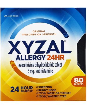 Xyzal Allergy 24 Hour Allergy Tablet 80 Count All Day and Night Relief from Allergy Symptoms Including Sneezing Runny Nose Itchy Nose or Throat Itchy Watery Eyes 2-Pack