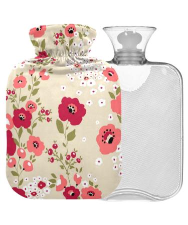 Naanle hot water bottle with cover red spring flowers Transparent hot water bottle heat bottle for back pain relief handfoot warmer neck hot and cold therapy 2l