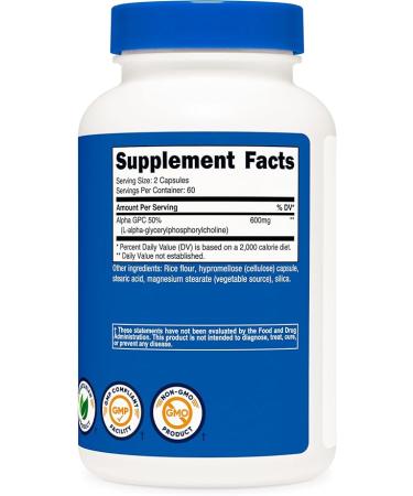 Nutricost Alpha GPC 600mg Non-GMO Gluten Free | 120 Vegetarian Capsules - Buy Online on GoSupps.com
