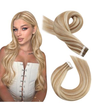 Tape in Human Hair Extensions Real Hair Tape in Extensions Medium Brown with Platinum Blonde Hair Extensions Tape in 14 Inch 20 Pieces/50g #P6/60 14 Inch #P6/60