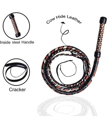Premium 16 Plaits Real Cowhide Leather Indiana Jones Whip | 4ft-16ft Long | Equestrian Bull Whip with Crackers - Beige/Black/Tan - Buy Online on GoSupps.com