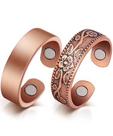 Lymphatic Drainage Copper Rings for Women, Lymphatic Drainage Magnetic Ring, Magnetic Lymph Detox Ring 100% Pure Copper Jewelry Gift (Vintage Flower & Uncoated Smooth)