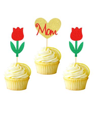 Arthsdite Happy Mothers Day Cupcake Toppers Flower Cupcake Picks Love Mom Heart Cake Decoration Party Supplies for Mother's Day Party Decorations Supply- Red Glitter Red Flower