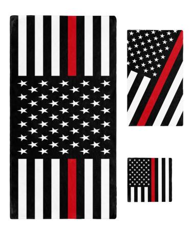 PakiInno Bath Towels Set Soft Absorbent Towels Red Line American Flag Respect Firefighter Sign Fluffy Shower Towel Hand Towel Washcloths for Fitness  Sports  Travel 30x60+16x28+13x13 Inch Independence-035pak1714
