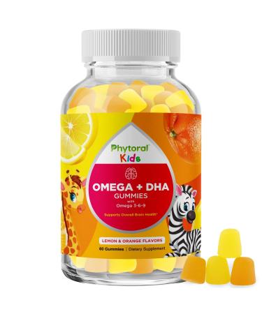 Kids Omega DHA Gummies - Fatty Acids Omega 3 6 9 with Vitamin C for Brain Immunity & Vision - Nutritional DHA for Kids for Healthy Nervous System & Focus Support - Fish Free & Vegan - 60 Chews