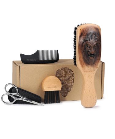 BESTOOL Beard Brush Comb Set for Men Wooden Handle Boar Bristle Beard Brush Grooming Kit for Growth, Styling, Smooth, Makes a Great Gift for Men Square