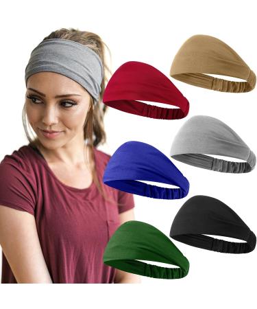 6 Pieces Headbands for Women Elastic Yoga African Head Wraps Stretchy Sweat Boho Hair Band for Girls Workout Running (Black, Dark Blue, Light Grey, Khaki, Atrovirens, Wine Red)