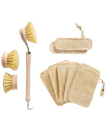 Chinchilla Set 7 Luffa sponges + 1 rinse brush with 3 checks |7 Sustainable Rush sponges in various sizes |Kitchen brush with natural fiber bristles |reusable & sustainable set luffa + 1 rinse brush