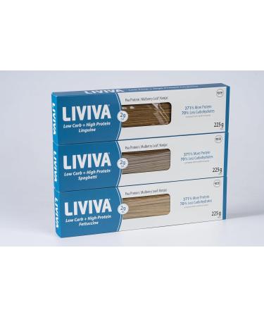 LIVIVA Low Carb High Protein KETO Pasta Trial Pk (1 Linguine 1 Spaghetti 1 Fettuccine) 135 g Protein per Box with Pea Protein & Konjac Flour - 8g Net Carbs Diabetic-Friendly - Ready to Eat in 3 4 mins - Healthy Al Dente Pasta - Buy Online on GoSupps.com