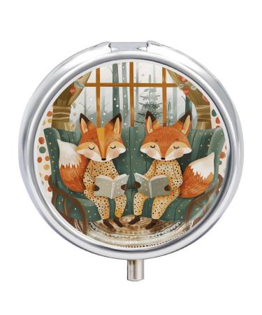 Round Pill Box Two Foxes are Reading Print 3 Compartment Medicine Pill Case Print Pill Organizer Decorative Metal Portable Pill Box Pocket Pill Box Style