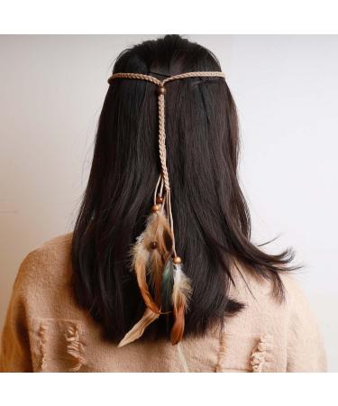Tseenyi gypsy feather headband hair band Boho feather hair band pearls feather tormented headband jewelry for women and girls christmas stage performance (beige)