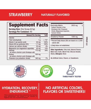 Electrolyte Hydration Mix - Sugar-Free Strawberry Drink Powder for Optimal Hydration & Recovery - 40 Servings (9.17oz) - Premium Electrolytes - Buy Online on GoSupps.com