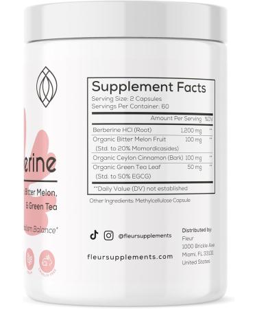 FLEUR Berberine HCL with Organic Cinnamon Bitter Melon & Green Tea Extract Supports Heart Digestive and Immune System Vitality Support for Men and Women Non-GMO & Vegan 120 Capsules - Buy Online on GoSupps.com