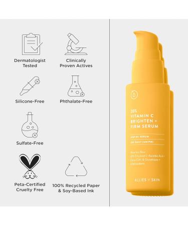 Allies of Skin 20% Vitamin C Brighten & Firm Serum - Boost Radiance with Ethylated L-Ascorbic Acid & Orange Extract - Smooth Elastic Skin - International Shipping - Buy Online on GoSupps.com