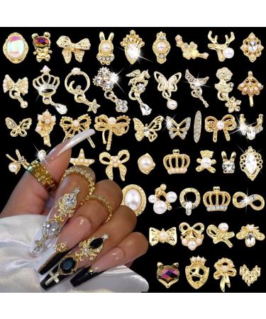 50pcs gold nail charms luxury rhinestones nail gemstones 3d alloy flower butterfly nail art charms metal nail jewelry kawaii bear heart arc star snake glittering stones nail design accessories