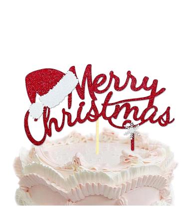 Merry Christmas Cake Topper Red Glitter Christmas Hat Topper Xmas Holiday Cake Picks for Christmas Party Birthday Wedding Decorations