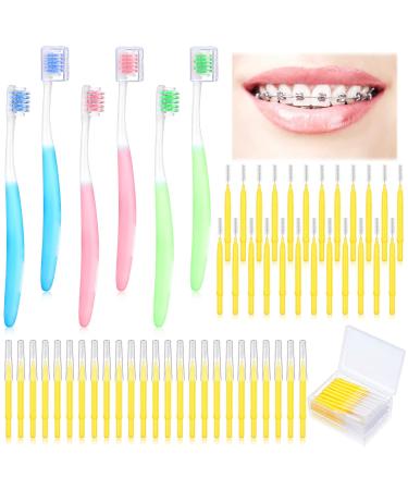 Honeydak 6 Pieces Brace Toothbrush V Shaped Orthodontic Toothbrush with Brush Head 40 Pieces Interdental Brush Soft Bristle Braces Brushes for Cleaning Portable Toothbrushes for Braces (Yellow Small) 46 Piece Set Yellow