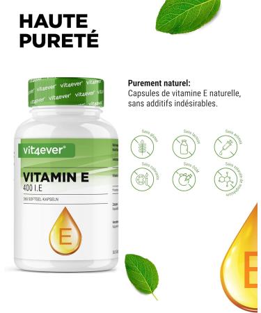 Vitamine E 400 U.I. naturelle - 365 capsules softgel - Premium : vitamine E naturelle de tournesol - 12 mois d'approvisionnement - fortement dos  - Buy Online on GoSupps.com