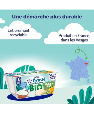 Nestl - P tit Brass BIO Mangue Kiwi au Lait de Coco - Alimentation B b 6 Mois et Plus - Dessert B b au Lait de Coco - Aternative V g tale - Sans Sucres ajout s - Produit en France - 4 x 90g 4x90g (Lot de 4) - Buy Online on GoSupps.com