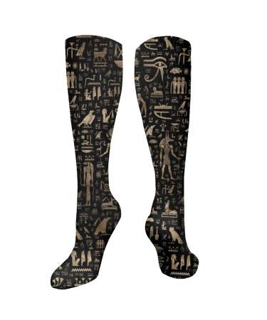 Ancient Egyptian gods and hieroglyphs black and gold compression socks for women and men circulation 15-20 mmHg is the best support for sporty running cycling