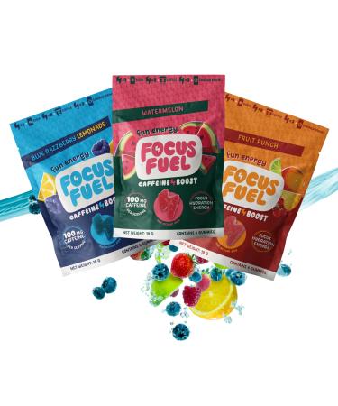 FocusFuel Energy Chews Trial Size Variety Sample Pack (9 Servings) 100mg Caffeine + Alpha GPC + L-Theanine + B12 Magnesium Blue Razzberry Lemonade Watermelon Fruit Punch No Crash or Jitters Watermelon Fruit Punc
