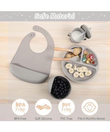 Silicone Baby Weaning Set 6 Pcs - Adjustable Bib, Divided Plate, Suction Bowl, Cup, Fork & Spoon - Grey - Ideal for Babies, Toddlers & Kids - Buy Online on GoSupps.com