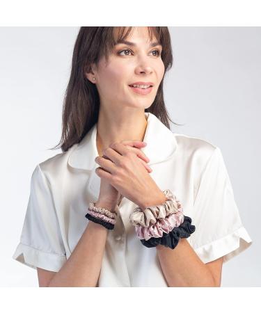 Fishers Finery 25 Momme Silk Large Scrunchies 3 Pack (Black/Pink/Champagne) - 100% Pure Mulberry Silk Hair Ties - Buy Online on GoSupps.com