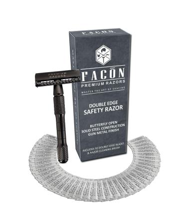 50 BLADES + Facn Classic Long Handle Double Edge Safety Razor - Platinum Japanese Stainless Steel Blades - Butterfly Open Shaving Razor for Smooth Wet Shaving Experience - 200+ Shaves