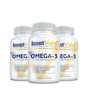 Research Verified Omega 3-1800mg Omega 3 Fish Oil - High 900mg EPA + 600mg DHA - No Aftertaste - 60 Softgel Capsules - 3 Bottles