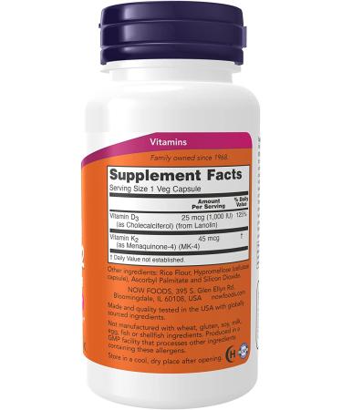 Now Foods Vitamin D-3 & K-2 1000 IU45 mcg - 120 Veg Capsules for Immune Support - Buy Online on GoSupps.com