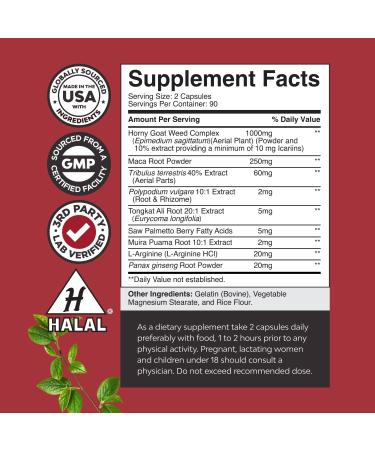 Horny Goat Weed Male Enhancing Supplement - Extra Strength HornyGoatWeed for Men with Black Maca Root Powder, Tongkat Ali, Saw Palmetto & Panax Ginseng Supplement - Energy & Stamina Caps - 180CT - Buy Online on GoSupps.com