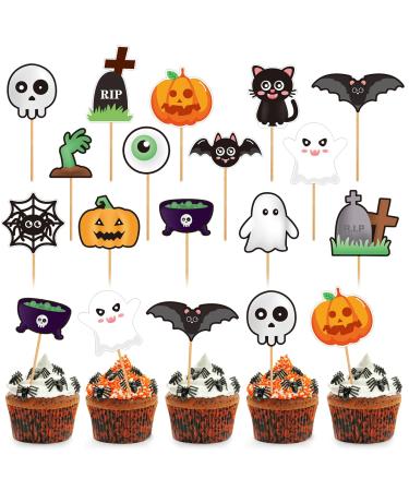 Halloween Cupcake Topper Picks 28 Pcs Pumpkins Ghosts Spiders Bats Cat Skeletons Food Toothpicks Decor for Halloween Birthday Party