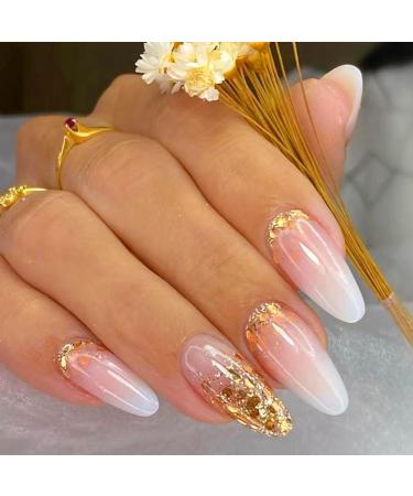 24Pcs Almond Press on Nails Short Pink French Tip Fake Nails Glossy Gold Glitter False Nails with Glue Stickers Stiletto Acrylic Full Cover Glue on Nails for Women and Girls DIY Manicure