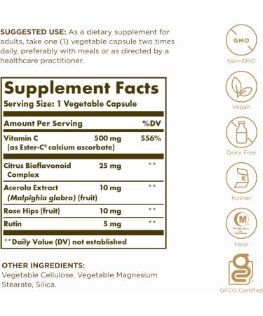 Solgar Ester-C Plus 500mg Vitamin C Capsules - 250 Vegetarian Capsules - Gentle, Non-Acidic Formula for Immune Support - Antioxidant, Non-GMO, Vegan, Gluten-Free, Kosher - Buy Online on GoSupps.com
